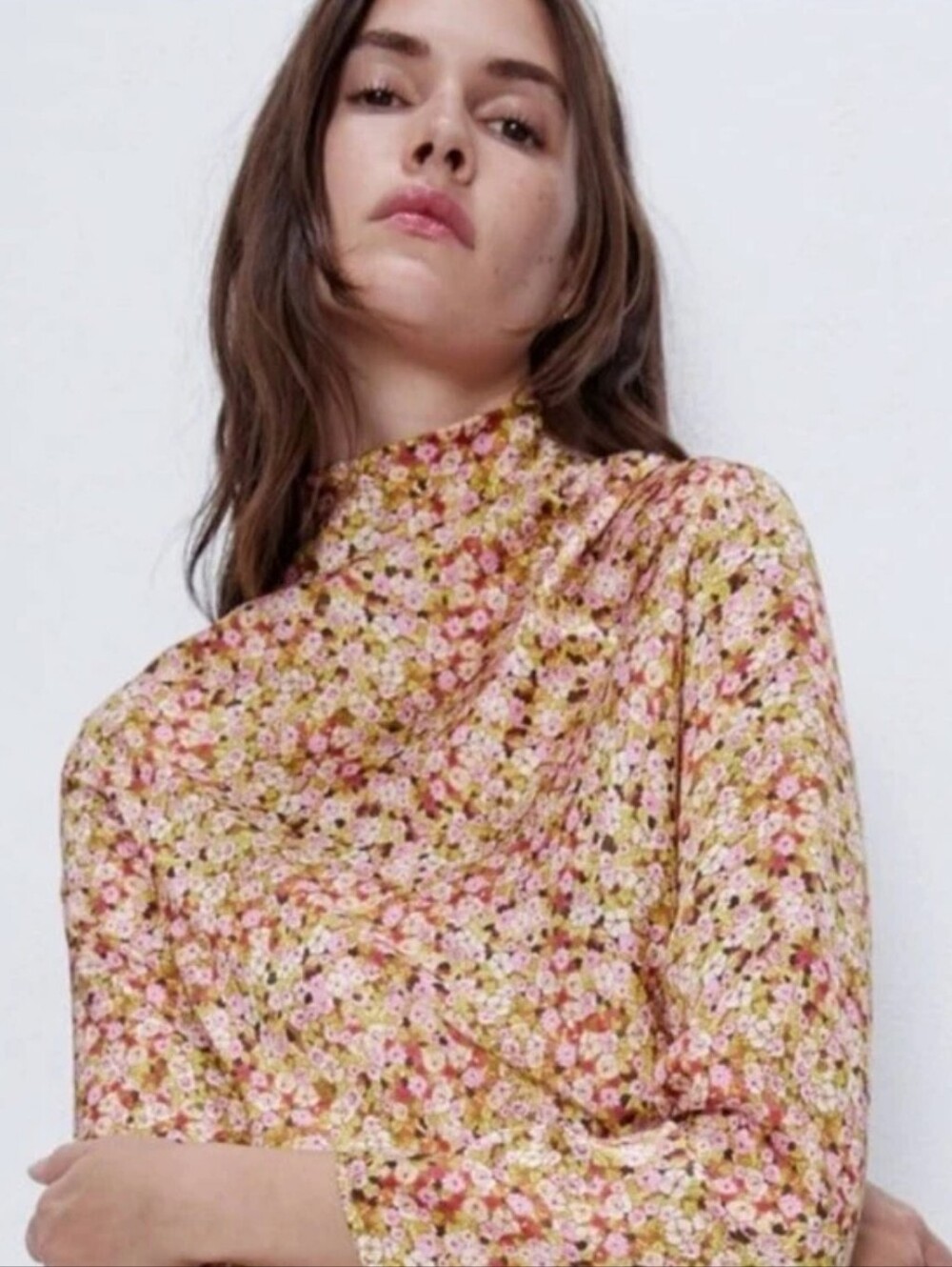Zara Floral High-Neck Blouse in Pink, Yellow and Green